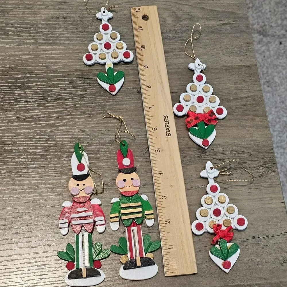 Vintage Wooden Christmas Ornaments 80s Nutcrackers Christmas Trees Hand Painted